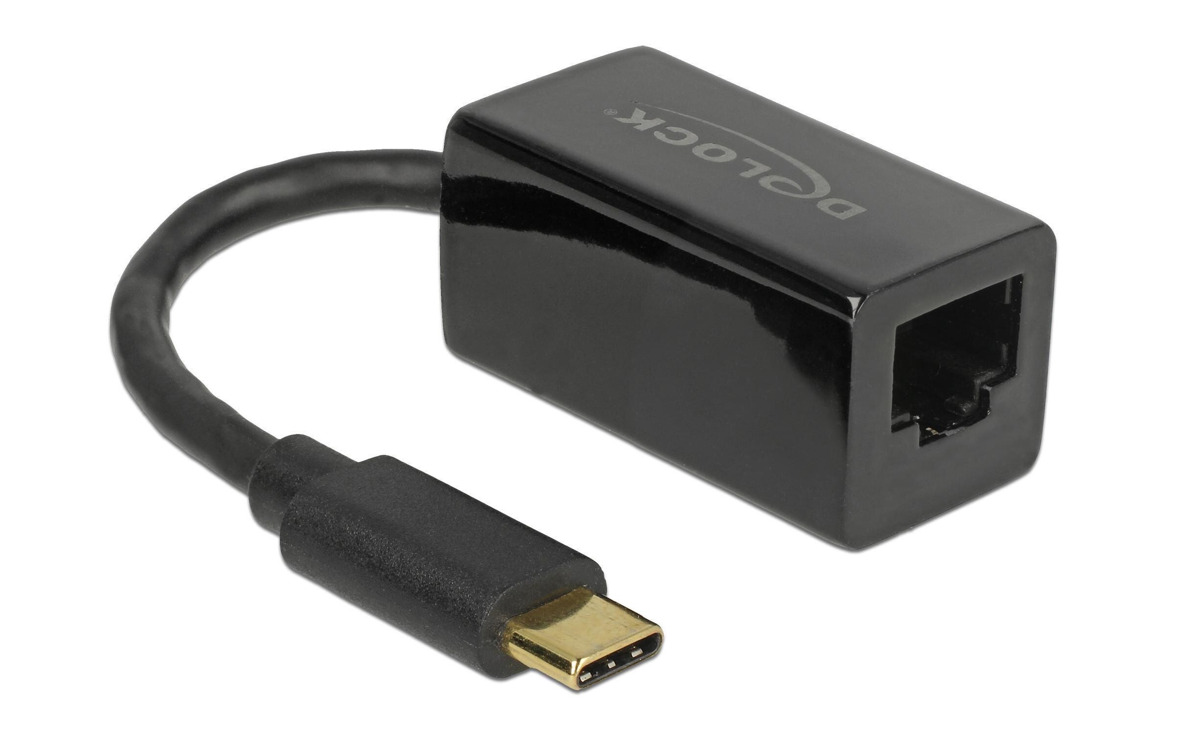 Netzwerk-Adapter USB-C – RJ45 1Gbps, SchwarzDelock Adapter SuperSpeed USB (USB 3.1 Gen 1) mit USB Type-C Stecker > Gigabit LAN 10/100/1000 Mbps kompakt schwarz