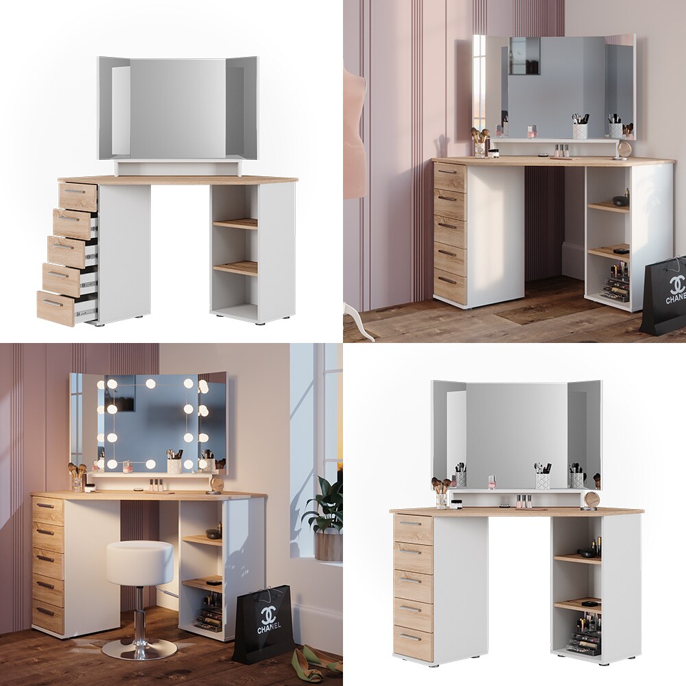 Vicco Eckschminktisch Frisiertisch Frisierkommode Sofia Weiß Sonoma Spiegel 128x142 cm modern Ablage