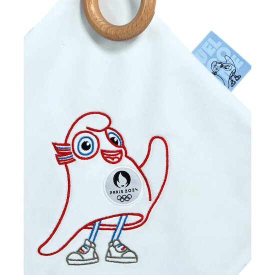 Mascotte Officielle JO 2024 Doudou plat avec anneau en bois   Blanc        de               Doudou et Compagnie