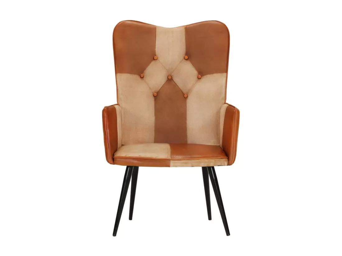Fauteuil à oreilles Marron et crème Cuir véritable