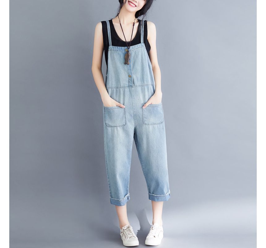 Lewwe - Spaghettibandjes denim crop jumpsuit