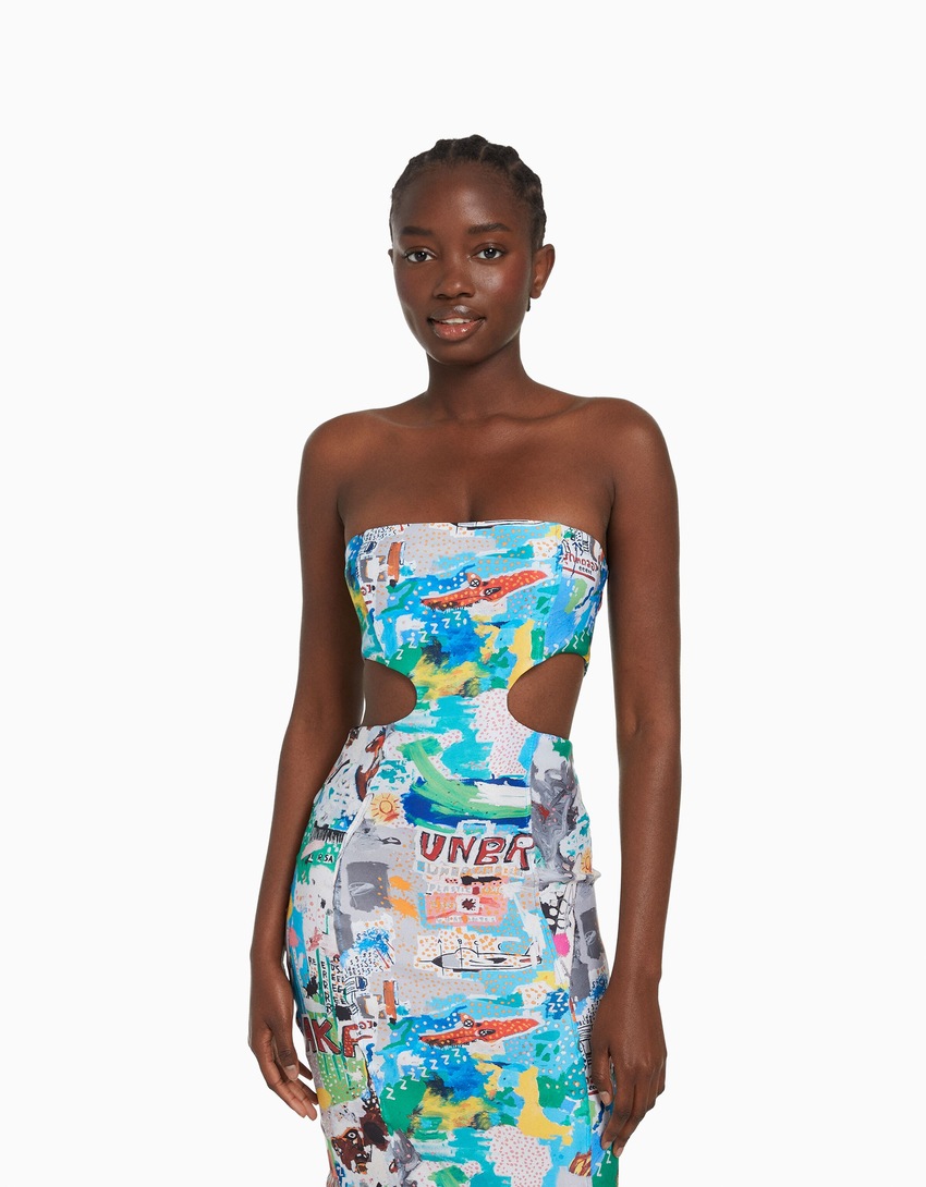Vestido midi sem alças com estampa Jean-Michel Basquiat