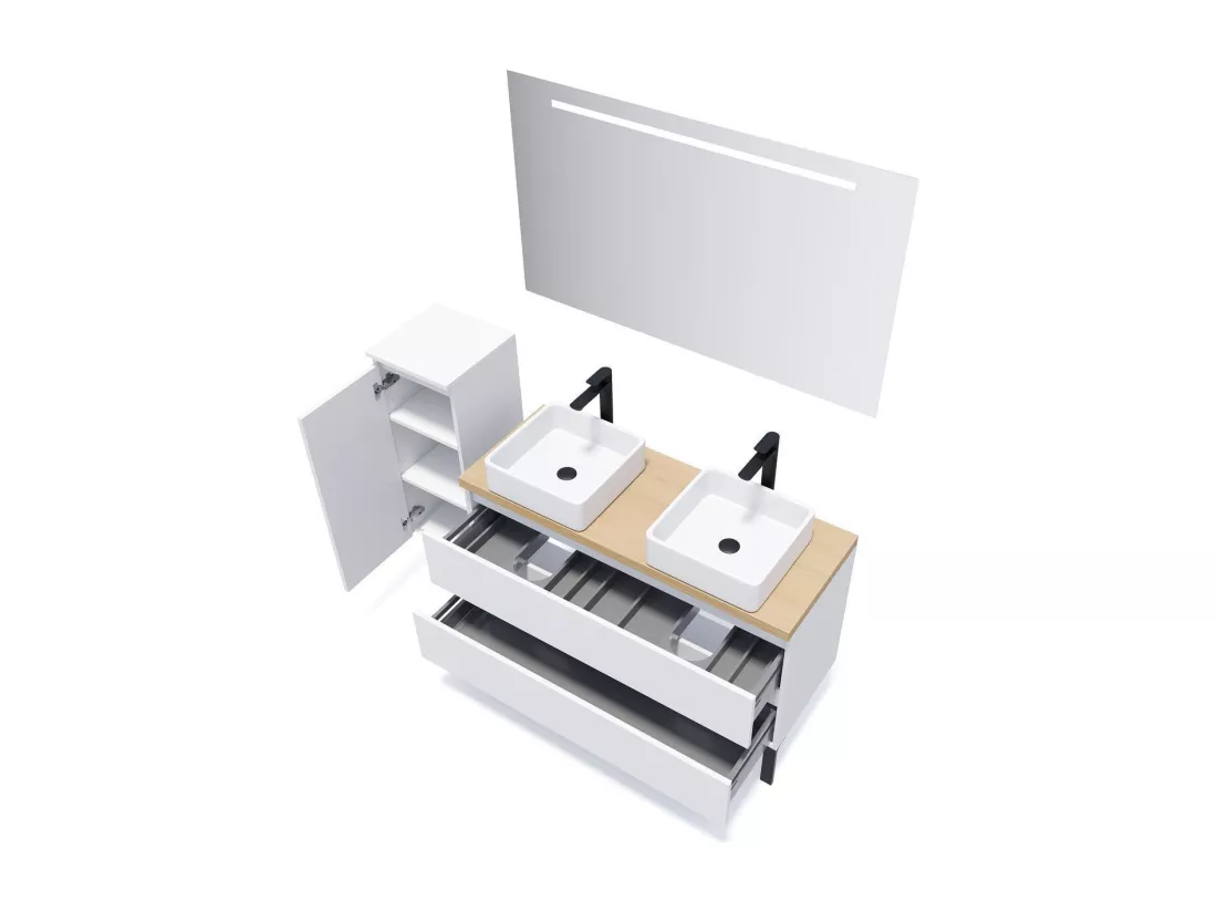 Meuble de salle de bain suspendu 2 vasques à poser 120cm 2 tiroirs Blanc - Hudson