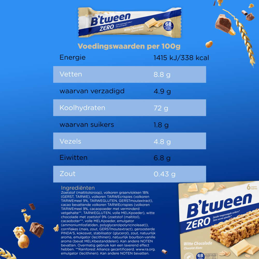 3x Hero B'tween Mueslireep Zero Witte Chocolade6x20 gr