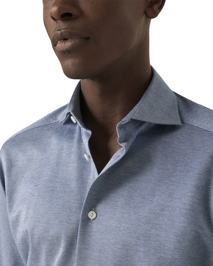 ETON Slim Fit Mid Blue Solid Filo Di Scozia Pique Shirt Blå