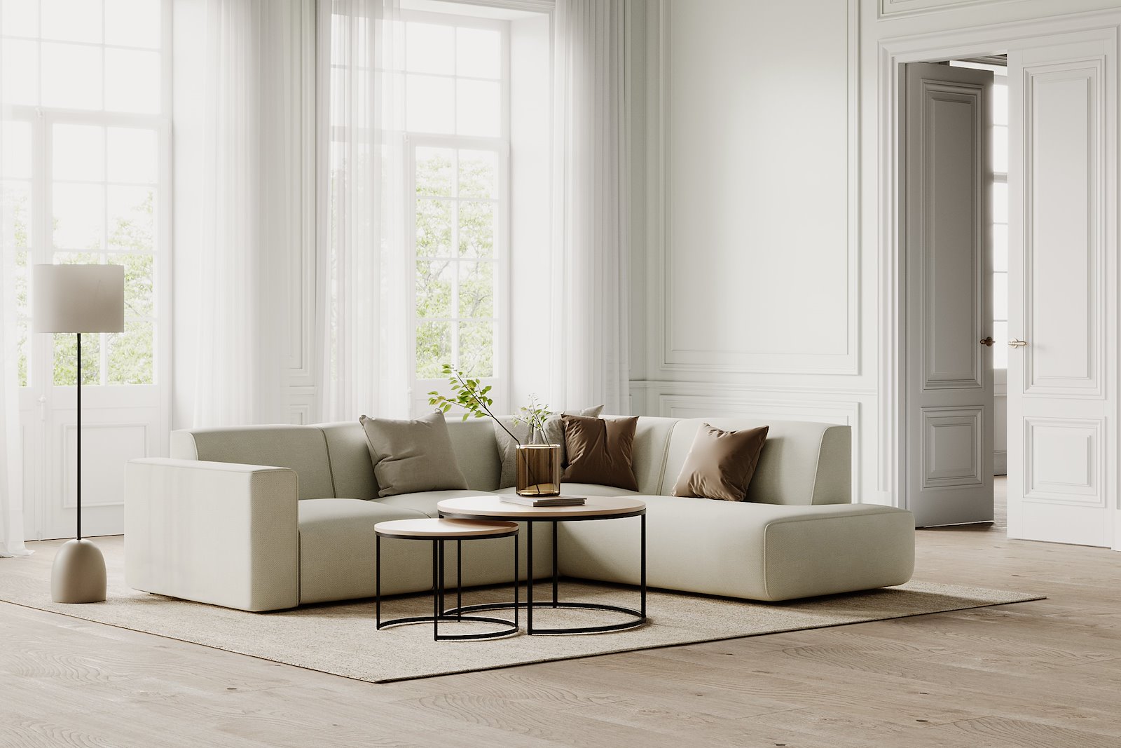 Enjoy hjørnesofa 2,5-seter åpen ende høyre i tekstil Mito 01 Antique White med sorte ben