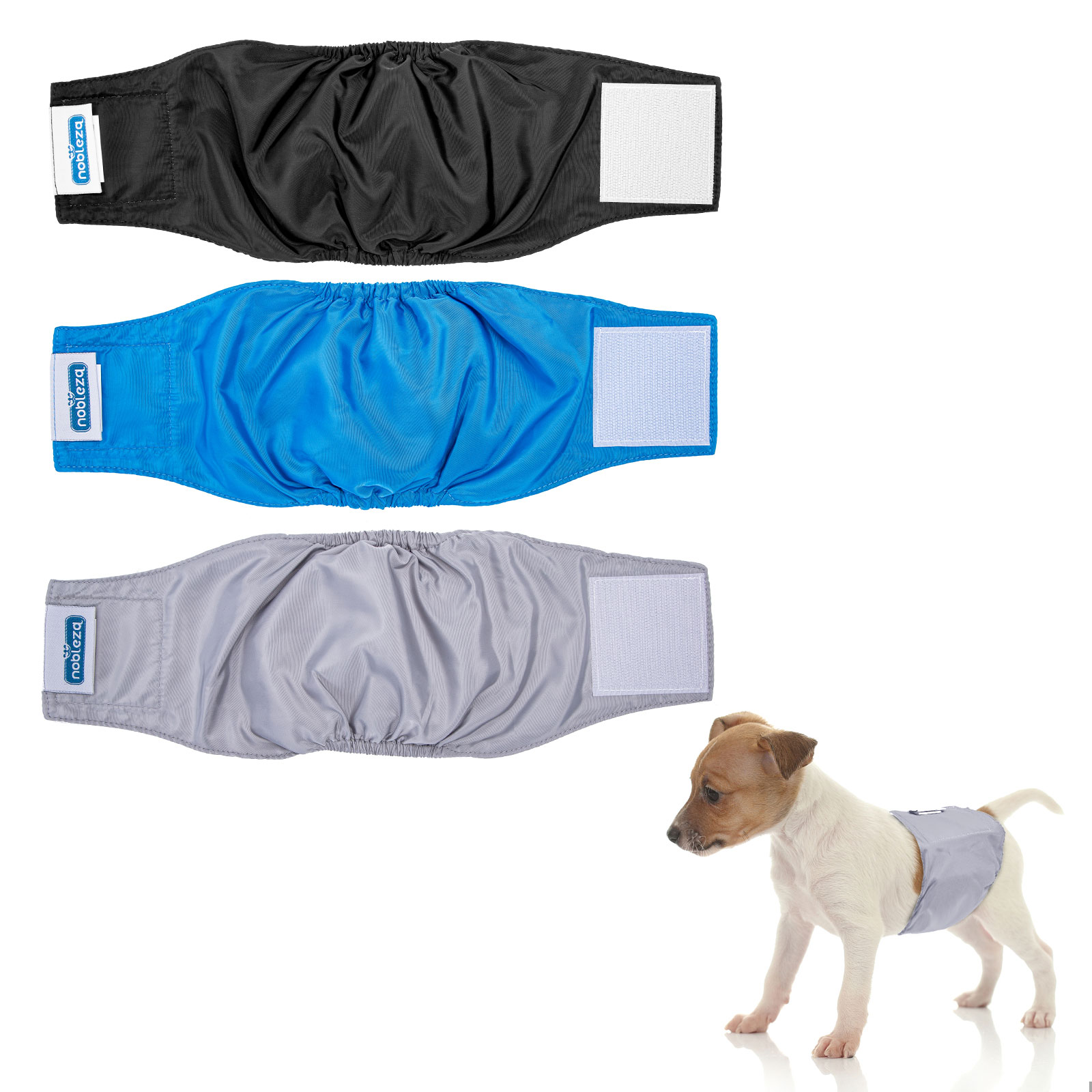 Nobleza 3x Fraldas Laváveis para Cães Machos, Calcinhas Higiênicas Reutilizáveis para Incontinência, Fraldas Absorventes para Cães (Cintura G 36-48cm, Pacote com 3, Cinza, Preto e Azul)