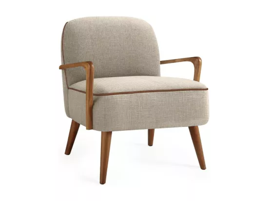 Fauteuil lounge en tissu beige avec pieds en bois de noyer GAEL