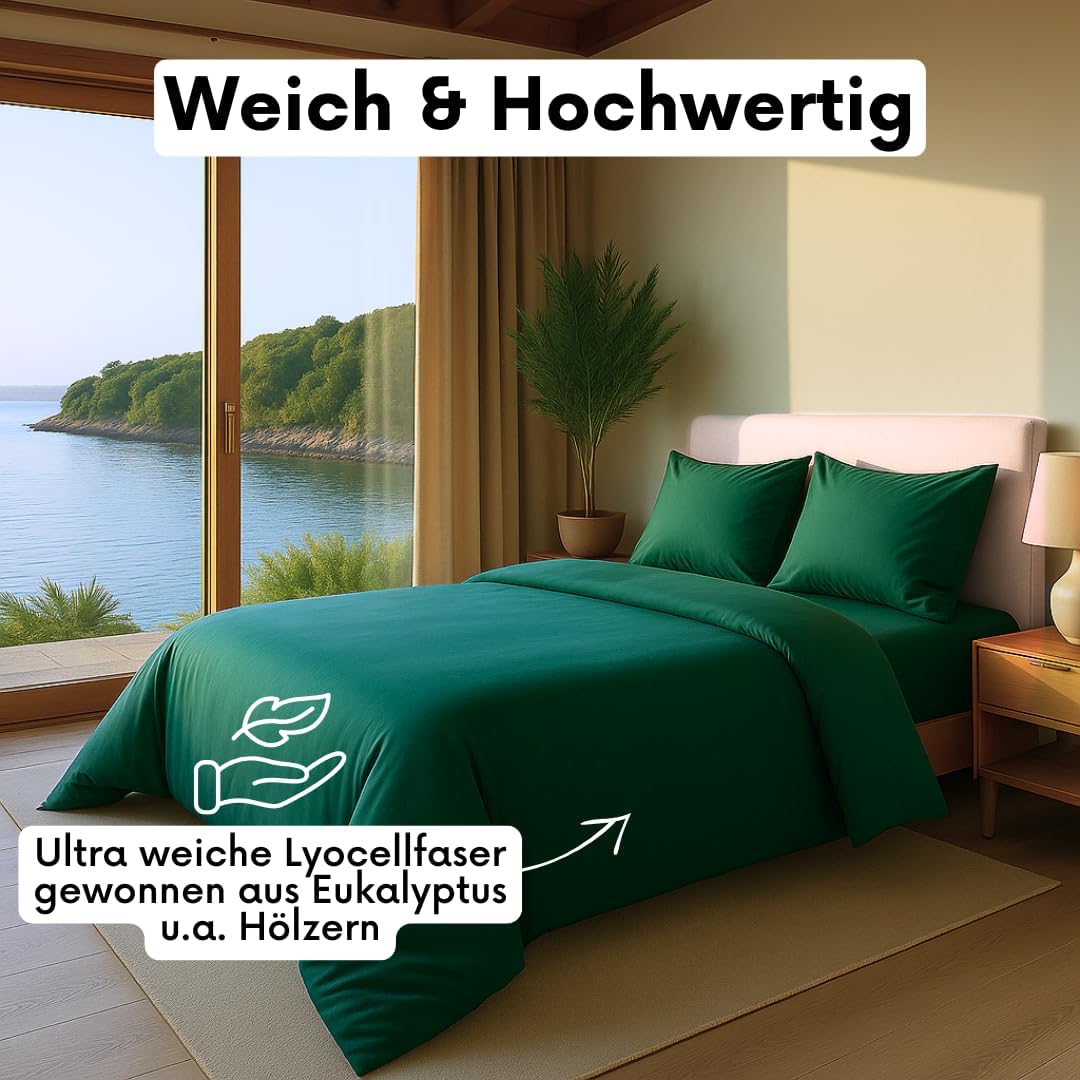 Luxus Lyocell Bettwäsche (Tencel™) | Gewonnen aus Eukalyptus u.a. | Ultra weich & hochwertig | Hypoallergen | Atmungsaktiv gegen Schweiß | Nachhaltig (155x220 + 40x80, Royal Green)
