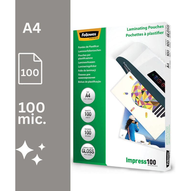 Pochettes de plastification Fellowes A4 2 x 100 µ brillantes - Boite de 100
