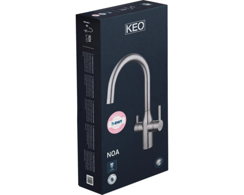 KEO NOA keukenkraan met filterfunctie, roestvrij staal, inclusief BWT MyAqua Soft filter en filterkop, filtert chloor, kalkaanslag en zware metalen