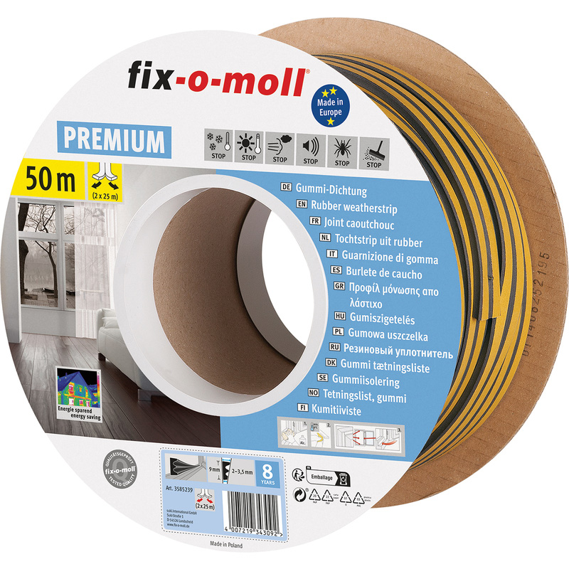 Fix-o-moll tochtband zelfklevend E 9x4mm 50m zwart*