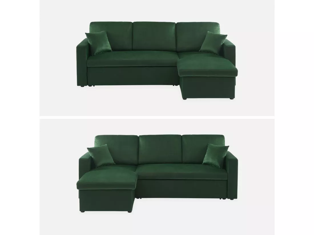 Canapé d'angle convertible en velours vert anglais 3 places. fauteuil d'angle réversible coffre rangement lit modulable