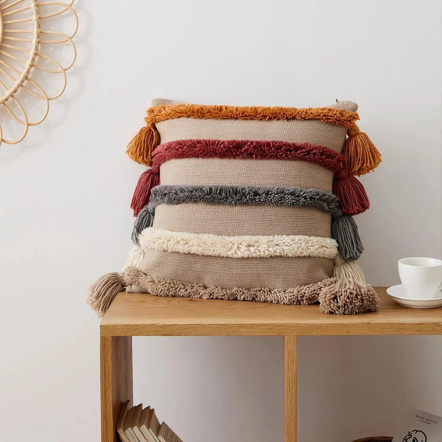 Bohemian Stripe Knitted Cushion Cover with Tassels | Home Decor Tufted Throw Pillow Case