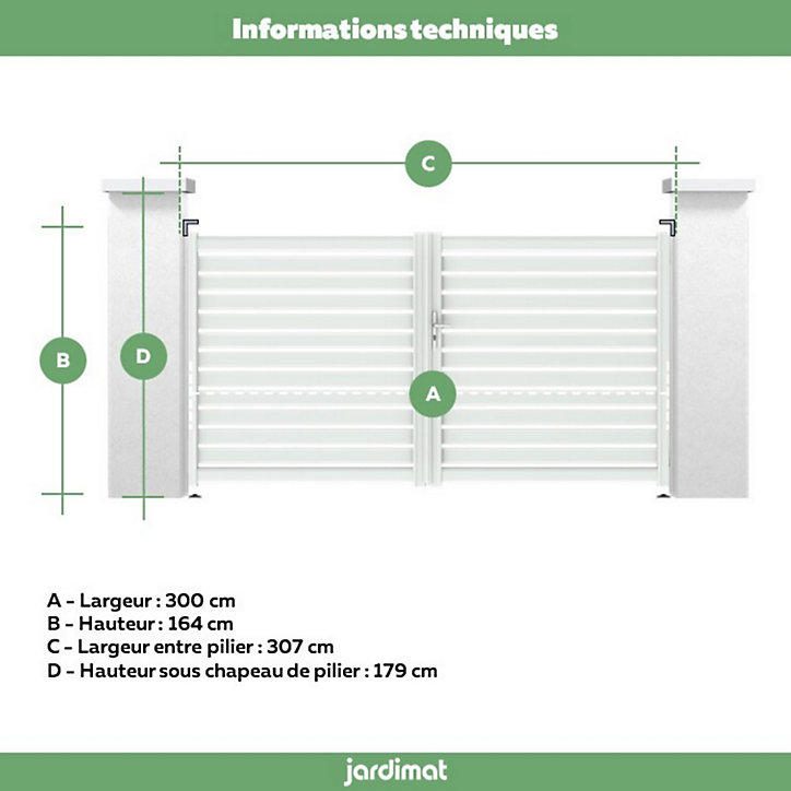 Portail Jardimat battant aluminium Chamuse blanc - 300 x h.164 cm