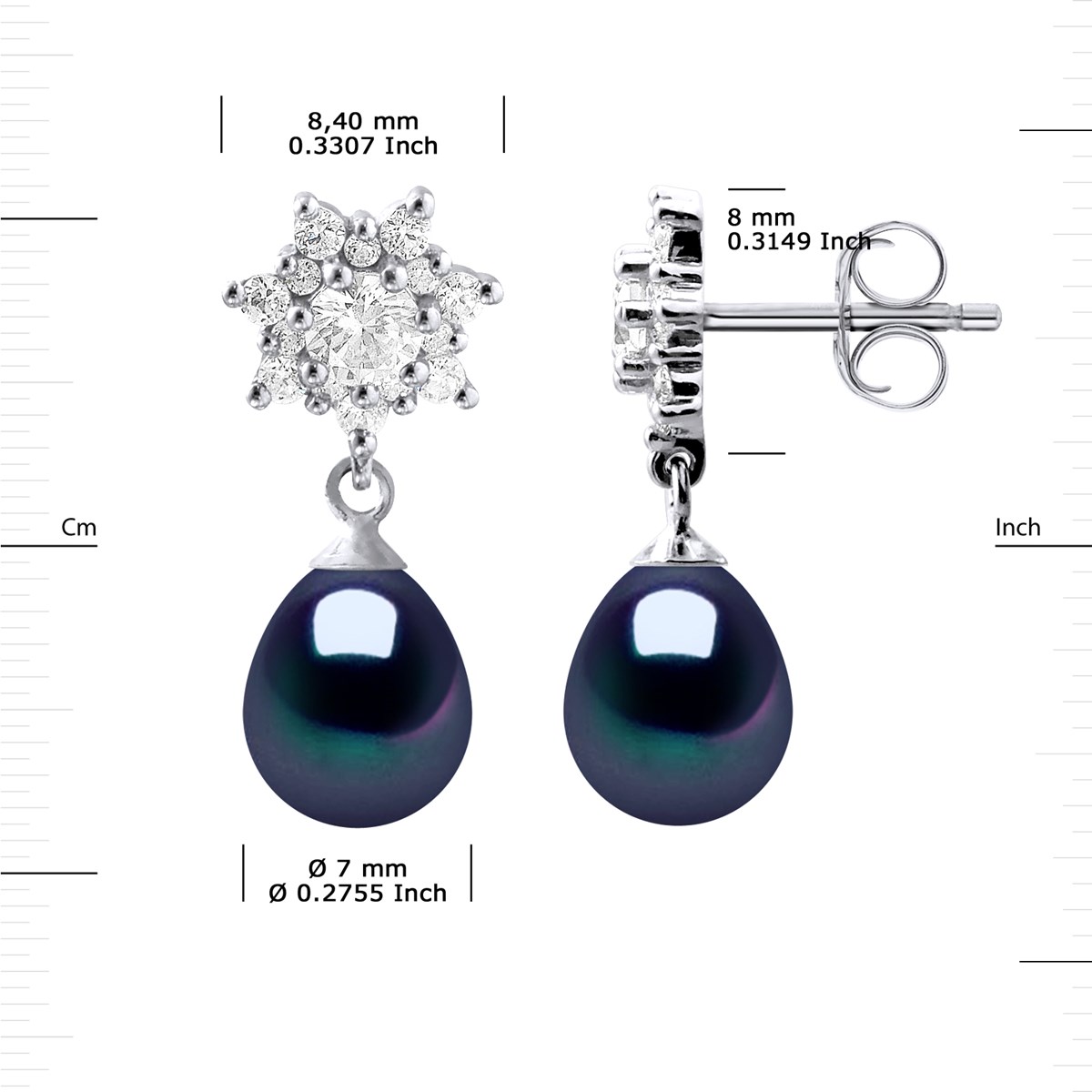 Boucles d'Oreilles Pendantes Perles d'Eau Douce Poires 7-8 mm Noires Joaillerie Argent 925