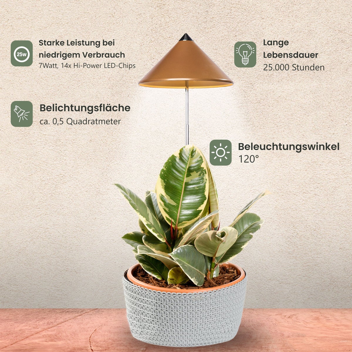 Parus by Venso SUNLITE 7W LED Full Spectrum Plantenlamp Koper, Binnenplantenverlichting, met Uitschuifbare Telescopische Paal, Parus Plantenlamp voor Kleine en Middelgrote Kamerplanten