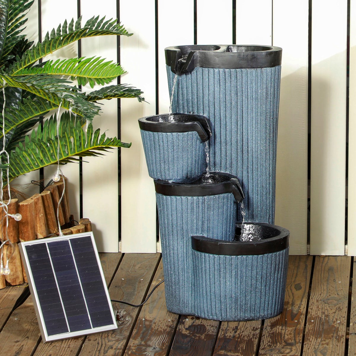 Outsunny Tuinfontein, Solarfontein met LED-verlichting, 4-laags, met bloembak, voor tuin, balkon, 33 x 30 x 57,5 cm, Hars, Donkergrijs