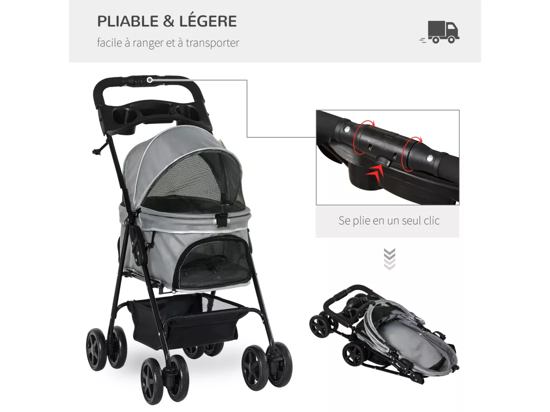 Poussette buggy pliable chien chat panier rangement porte-gobelets tissu 300D Oxford imperméable 4 roues gris