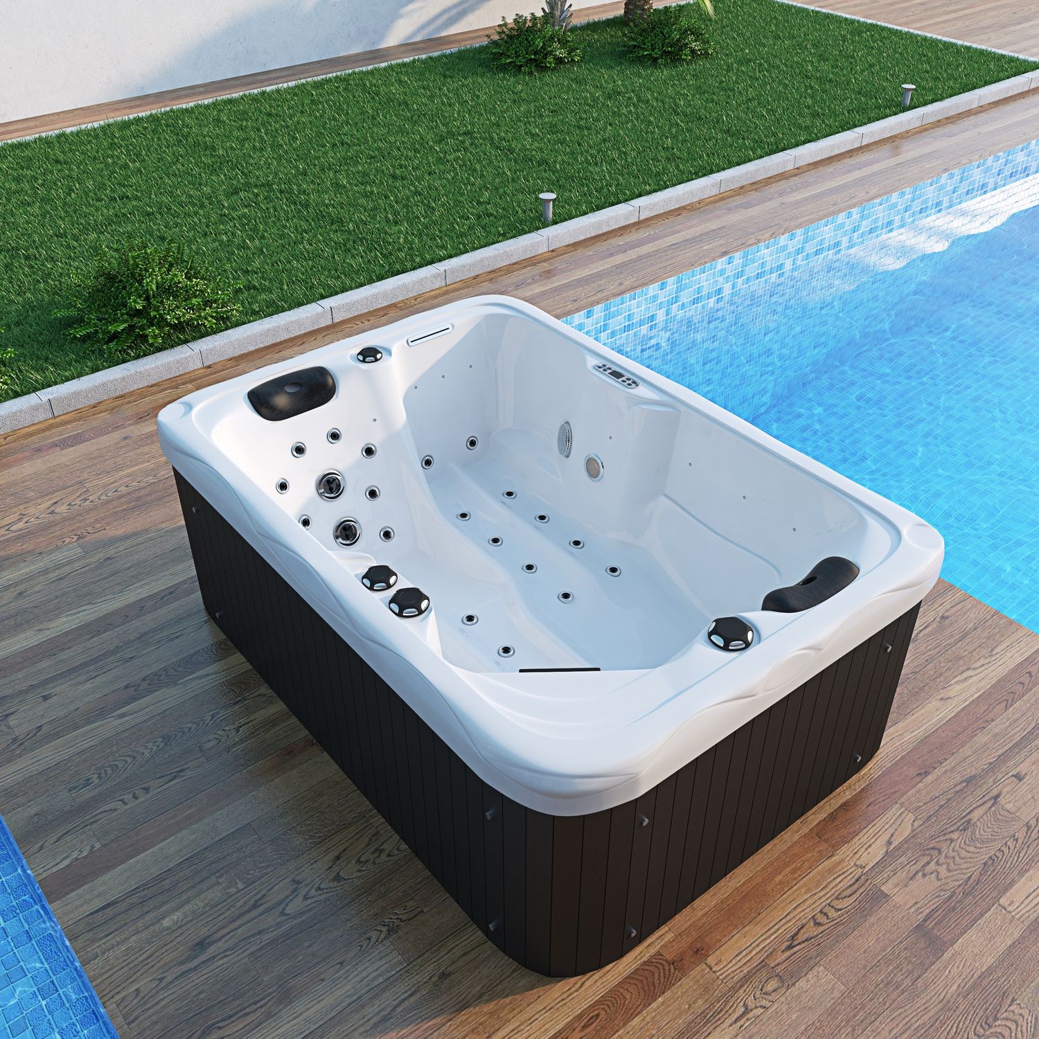 TroniTechnik® Outdoor Whirlpool LEVANZO, 2,2kW Pumpe, 3kW Heizung - 190 x 135 x 77cm - Inkl. Heizung, 41 Massagedüsen, inkl. Treppe