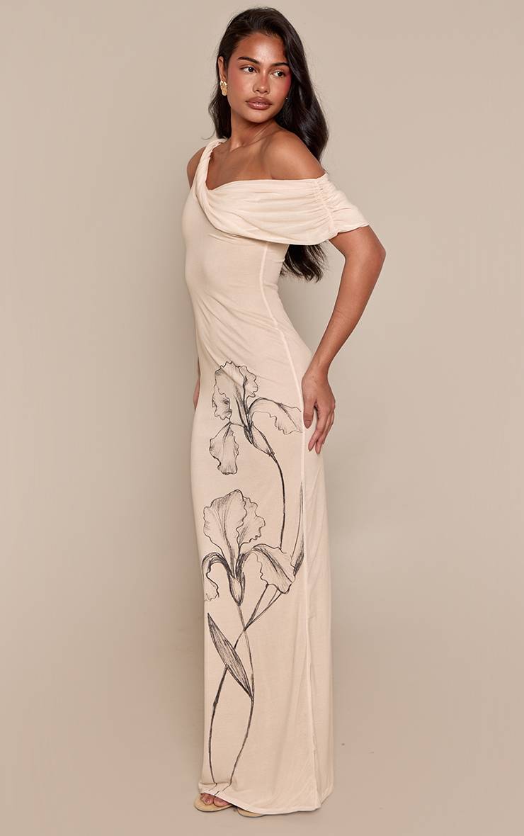 Crème Robe Longue Asymétrique Drapée À Imprimé Floral