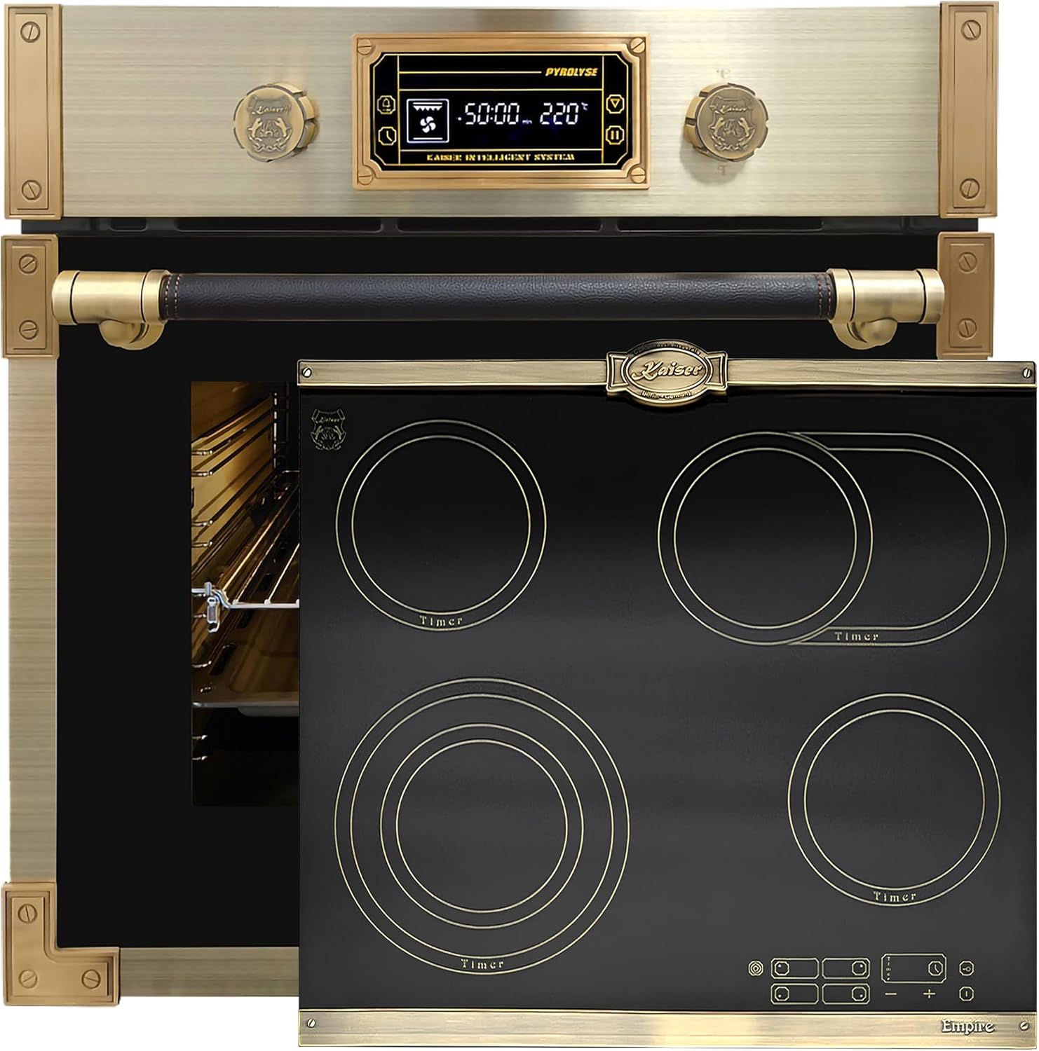 Kaiser Pyrolyse Backofen »EH 6427 AD+KCT 6185 Em«, Retro Pyrolyse Einbau Backofen 73L Schwarzfarbiges Glas 60 cm+Exklusives Autarkers High Light Glaskeramik Kochfeld 60cm,Herd Einbau