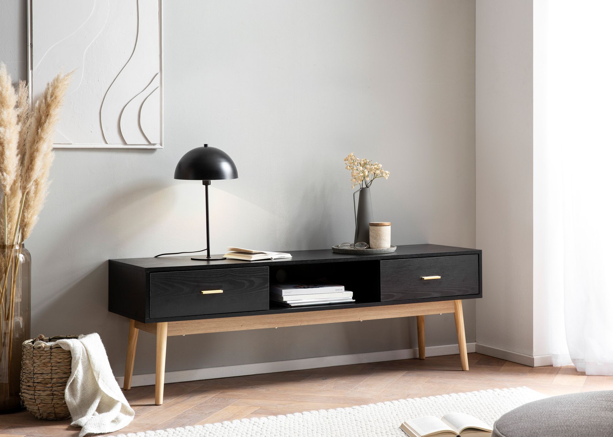 Lowboard FineBuy TV Schrank 150 cm Schwarz Schubladen Fernsehkommode Eiche