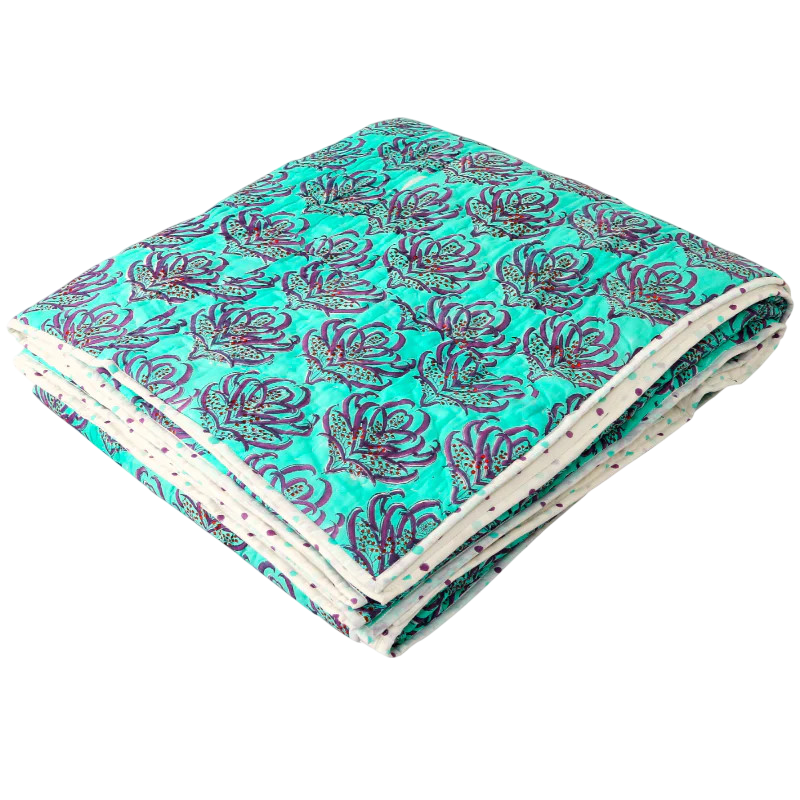 Quilt Pink Lotus 230 x 270 cm reversible Türkis, Rosa, Weiss