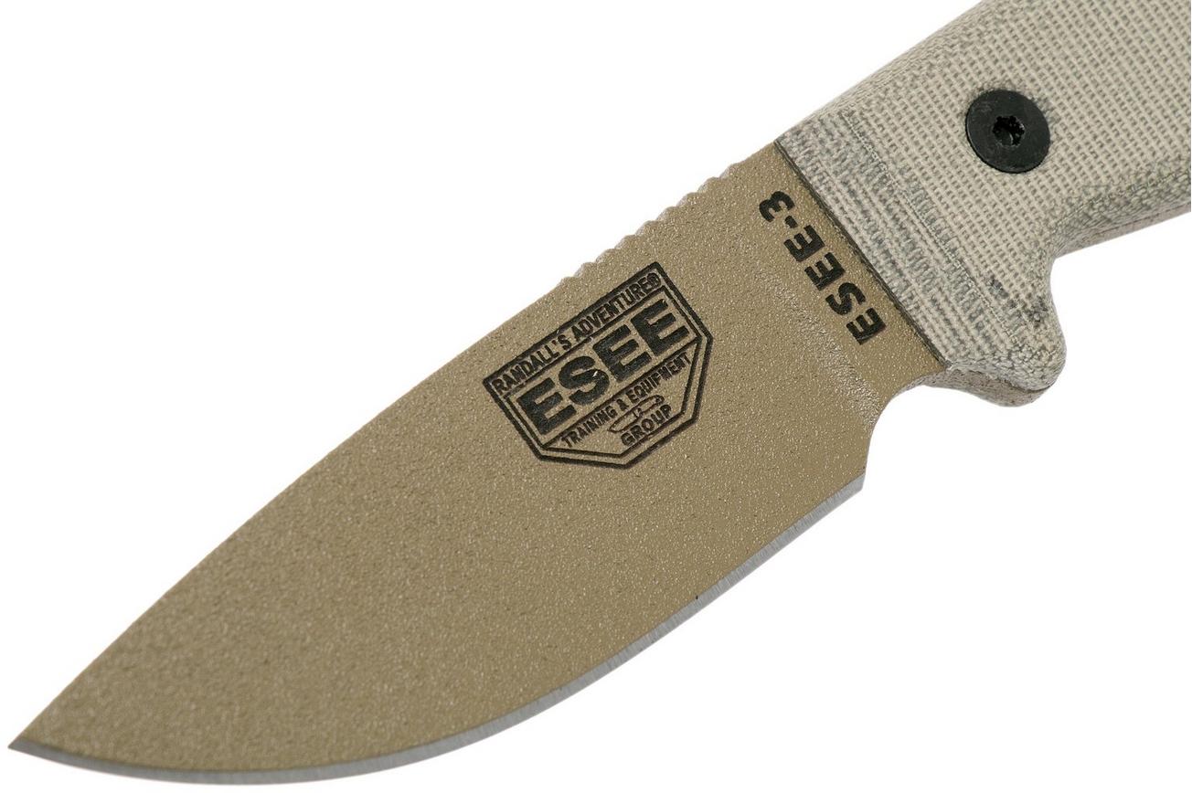 ESEE Model 3 dark earth blade, grey handle 3P-MB-DE met schede   clip en MOLLE-back