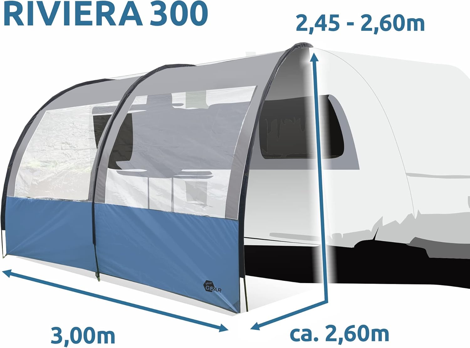 your GEAR Riviera - Vorzelt/Vordach für Wohnwagen & Wohnmobil in 4 Größen mit 2m | 2,5m | 3m | 3,5m Breite und 260 cm Tiefe. Sonnendach mit UV 50+ Schutz, Panoramafenstern, 3000mm Wassersäule