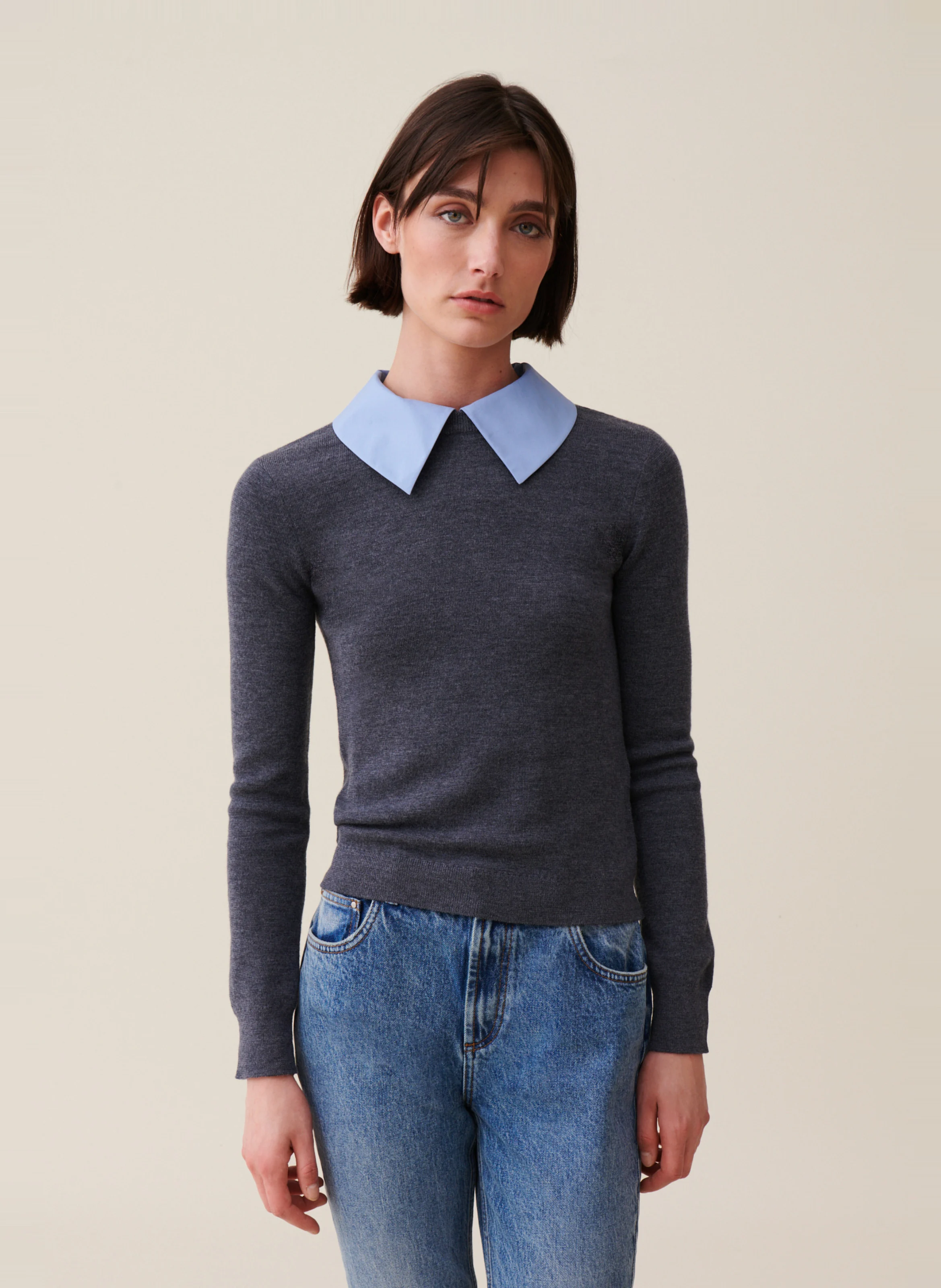 Pull droit col amovible en laine | Gris