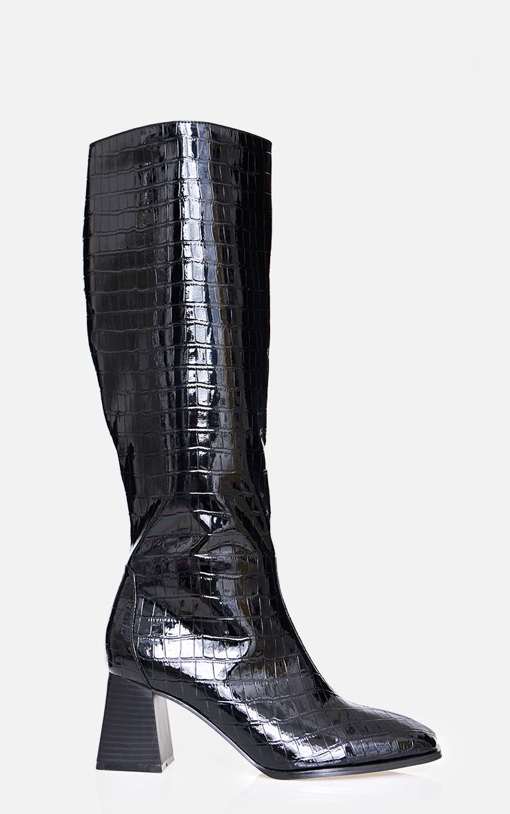 Bottes Hautes À Talon Bloc Effet Croco En Synthétiquecuir Coupe Large Bout Rond