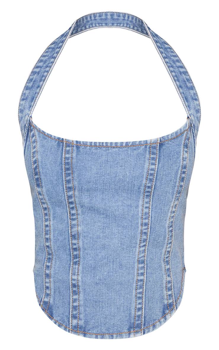Mid Blue Wash Haut En Denim Ajusté À Col Licou Avec Détails De Coutures Bleu Moyen Petite