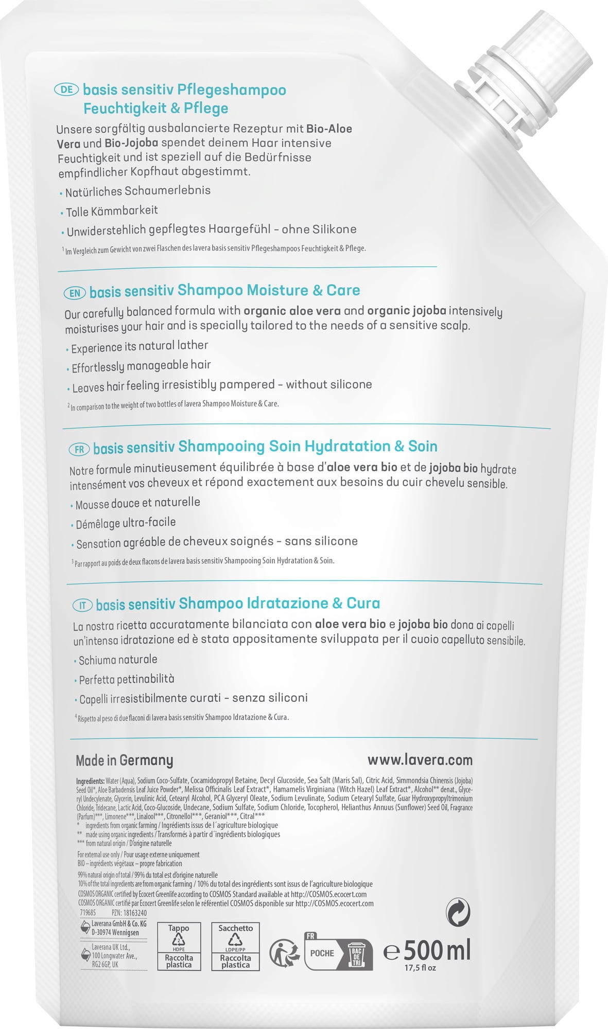 lavera  Basis Sensitiv Pflegeshampoo Feuchtigkeit & Pflege, Nachfüller 500 ml