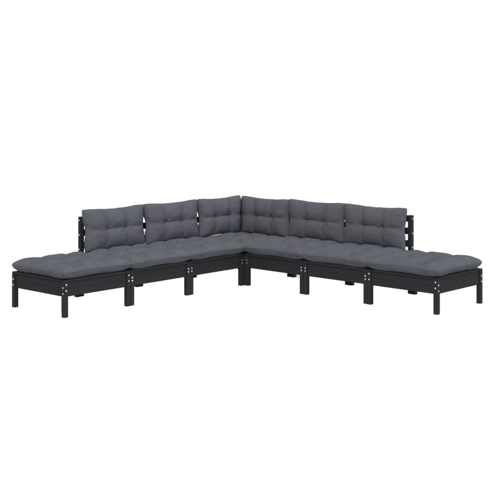Salon de jardin meuble d'extérieur ensemble de mobilier 7 pièces avec coussins noir bois de pin