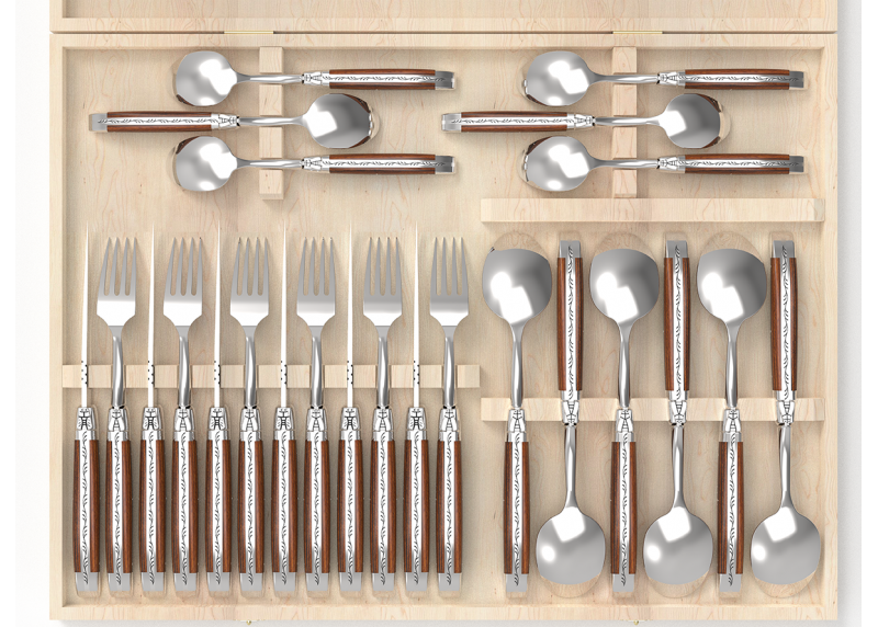 Service Laguiole de 24 pièces avec un manche en bois de bocote et mitres en acier inoxydable