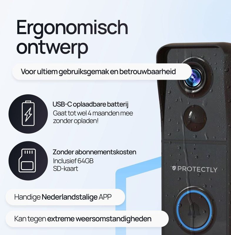Protectly - Slimme Draadloze Video Deurbel Met Camera - 4K Ultra HD - Waterdicht - Incl. 64GB SD