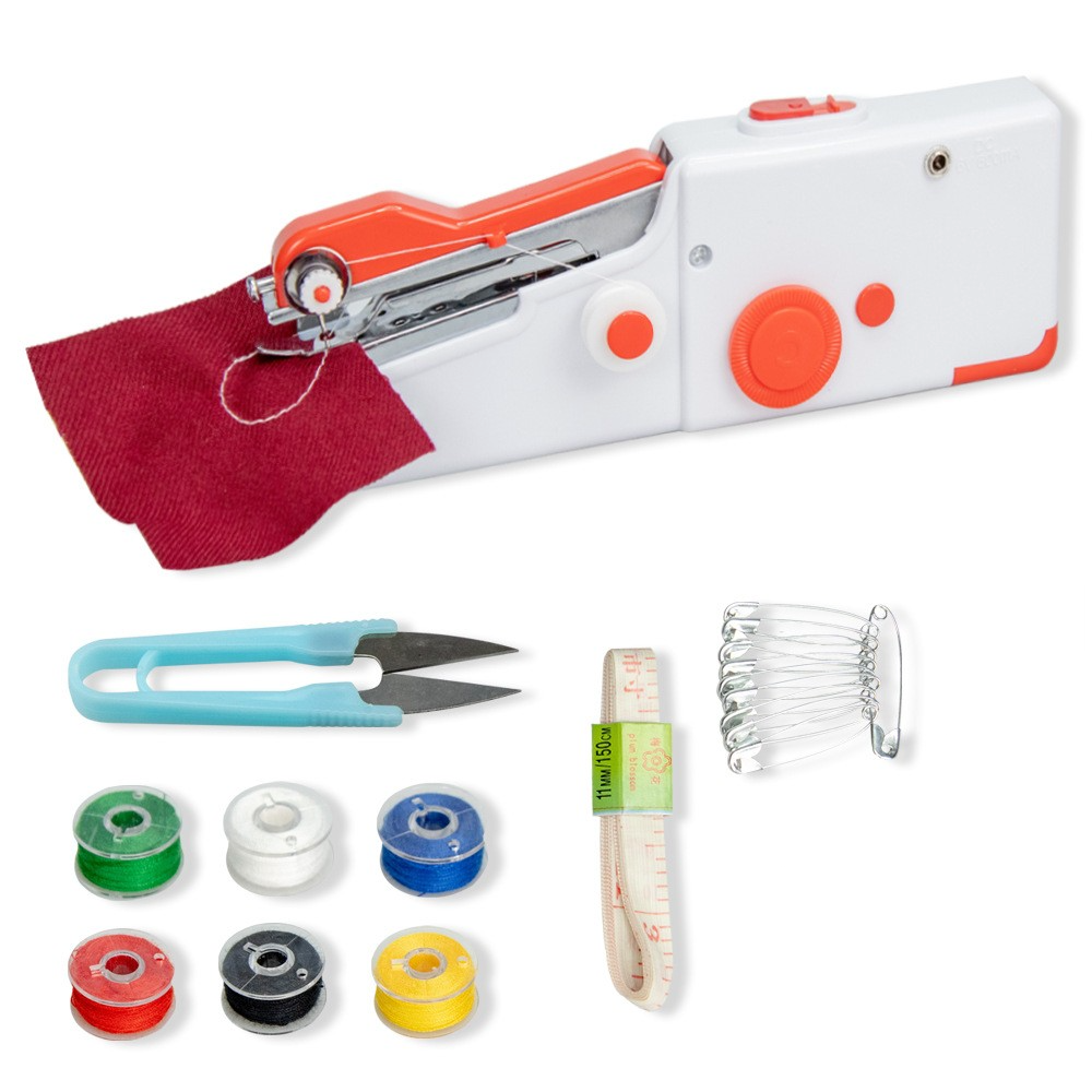 (27-tlg. Set) Mini Handnähmaschine   Mercerie Zubehör für Stoff / Leder / Jeans (Batteriebetrieben) - Weiss / Rot