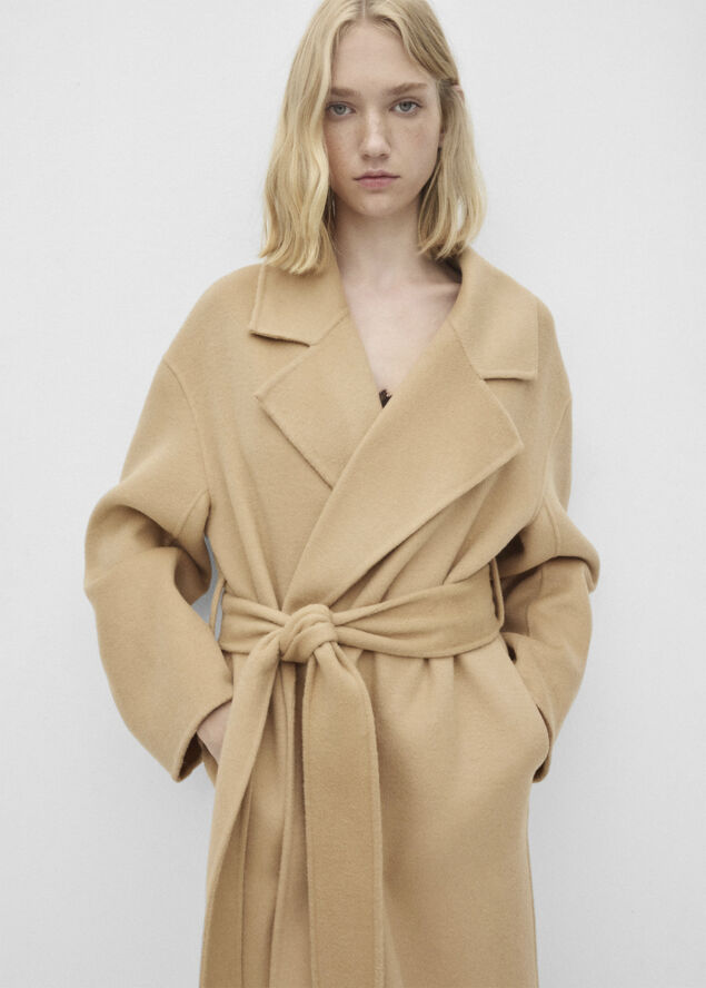MANGO Woollen coat with belt Medium brown