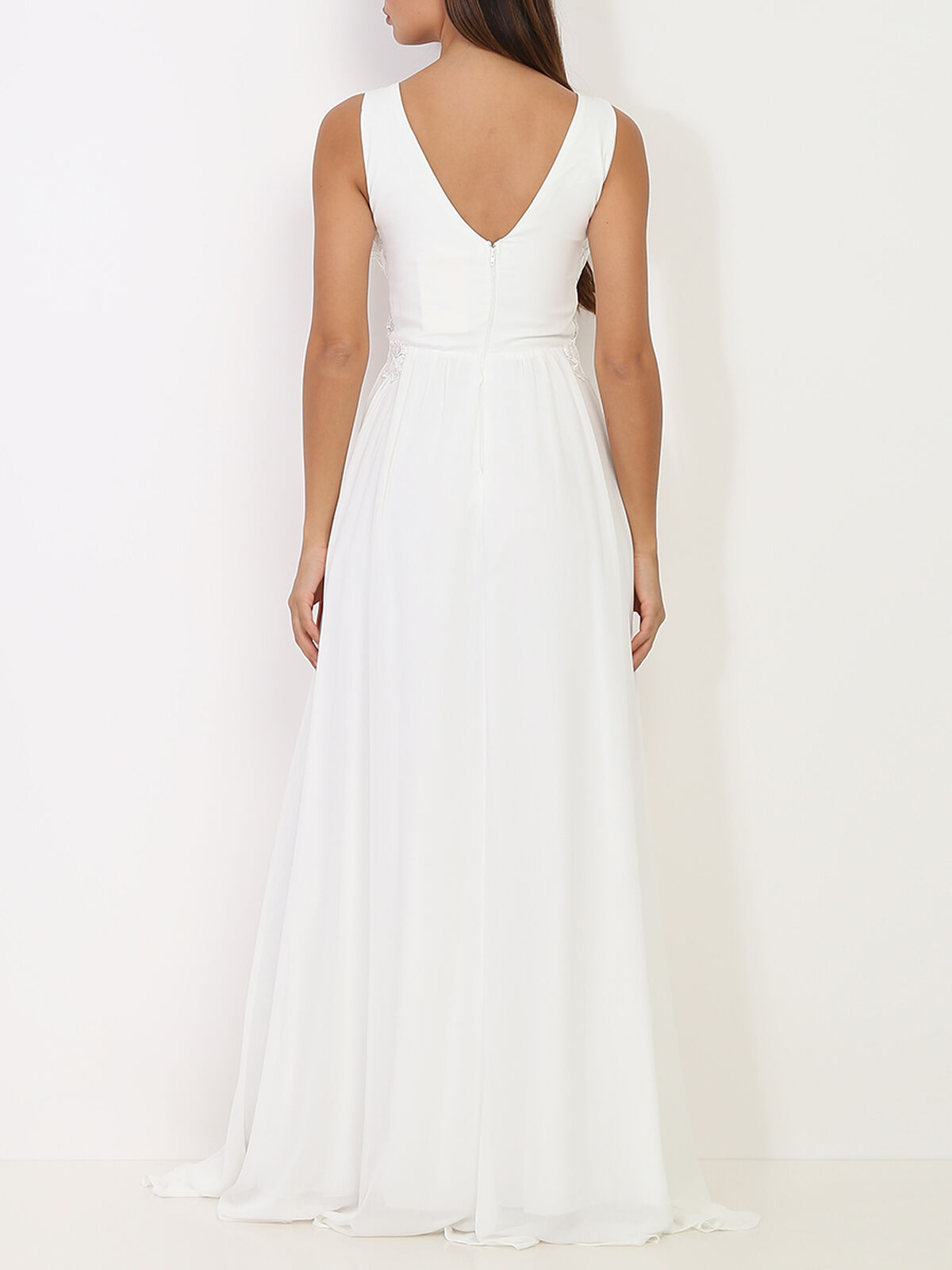 Robe longue à buste drapé et dentelle- Blanc