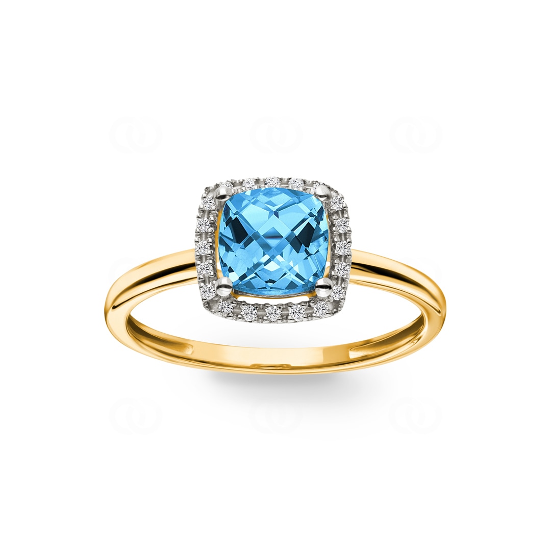 Damenring 750/18 K Gelbgold mit Blautopas Kissen und Diamanten 0.06 ct H/si
