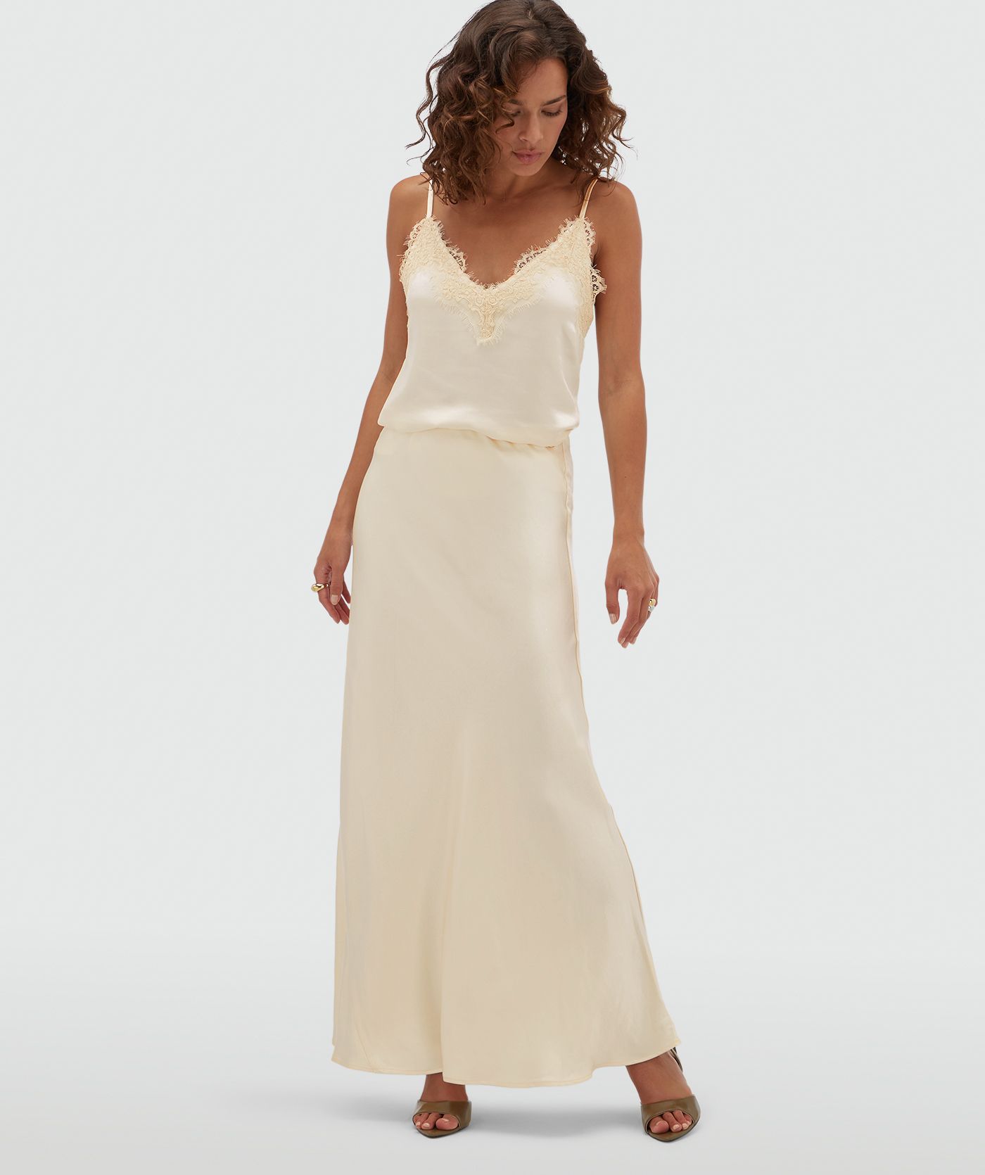 JV-COSETTE high waisted maxi rok in satijn look - light yellow