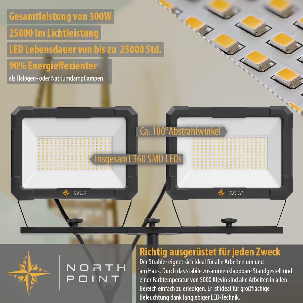 Northpoint LED Blackline Baustrahler Arbeitsstrahler mit Stativ Fluter Strahler 300W (2x 150W) Leistung 24000 Lumen Lichtstrom 170cm Stativ 5m Zuleitung AN/AUS Schalter
