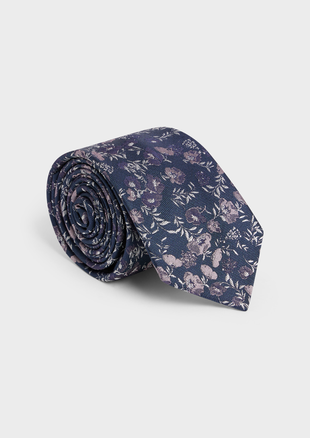 Cravate large en soie bleu marine à motif fleuri rose pâle