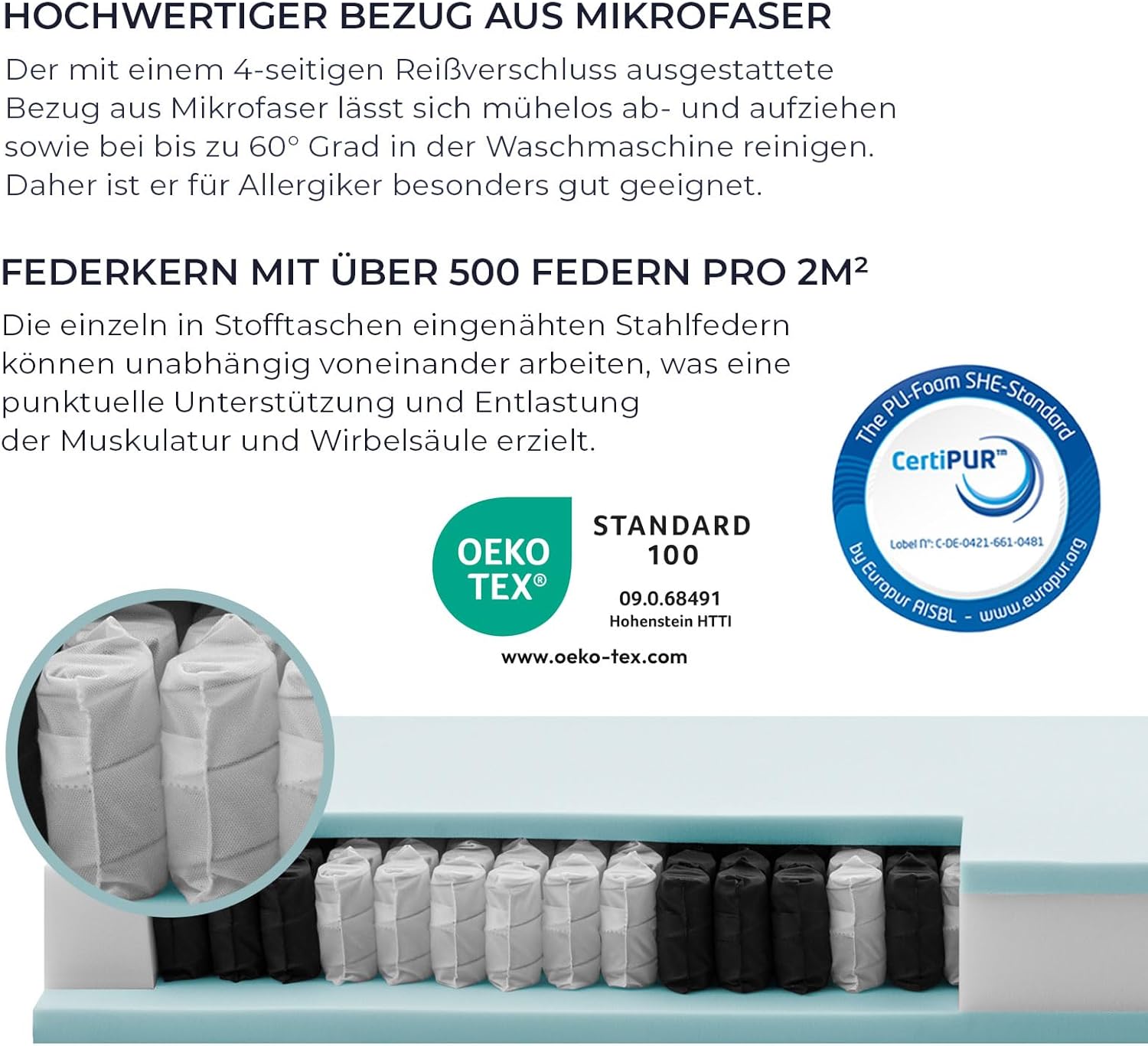 Taschenfederkernmatratze 100x200 cm | Härtegrad H2 | Höhe 20 cm | ergonomische 7-Zonen Matratze | waschbarer Mikrofaser-Bezug | Oeko-TEX® & CertiPUR Zertifiziert | produziert in Deutschland