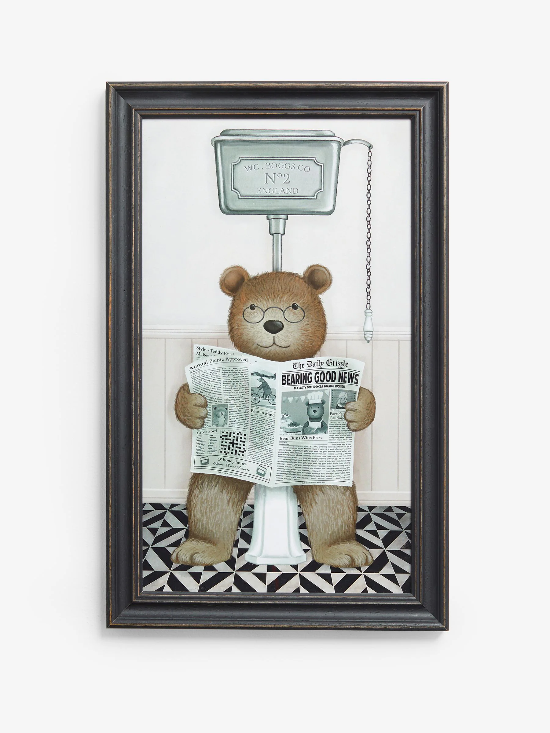 Ingelijste wanddecoratie Bertie Beer op het Toilet