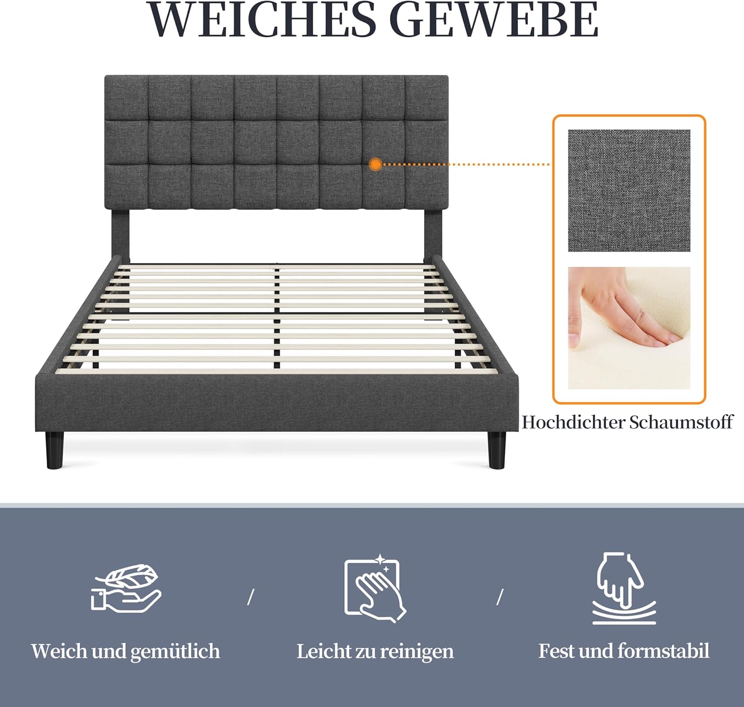 Yaheetech Polsterbett 160 x 200 cm Doppelbett mit Höhenverstellbarem Kopfteil, Stabiler Bettrahmen Stoffbett mit Lattenrost, Gepolstertes Bettgestell Jugendbett, Dunkelgrau