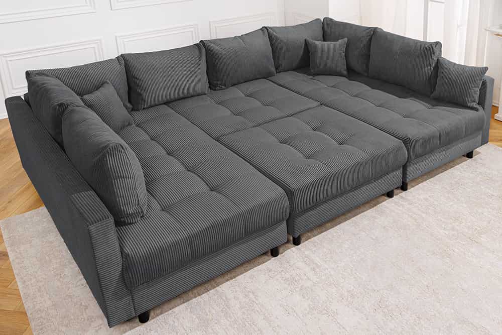 Moderne XXL Wohnlandschaft KENT 305cm anthrazit Cord Bigsofa inkl. Hocker Federkern