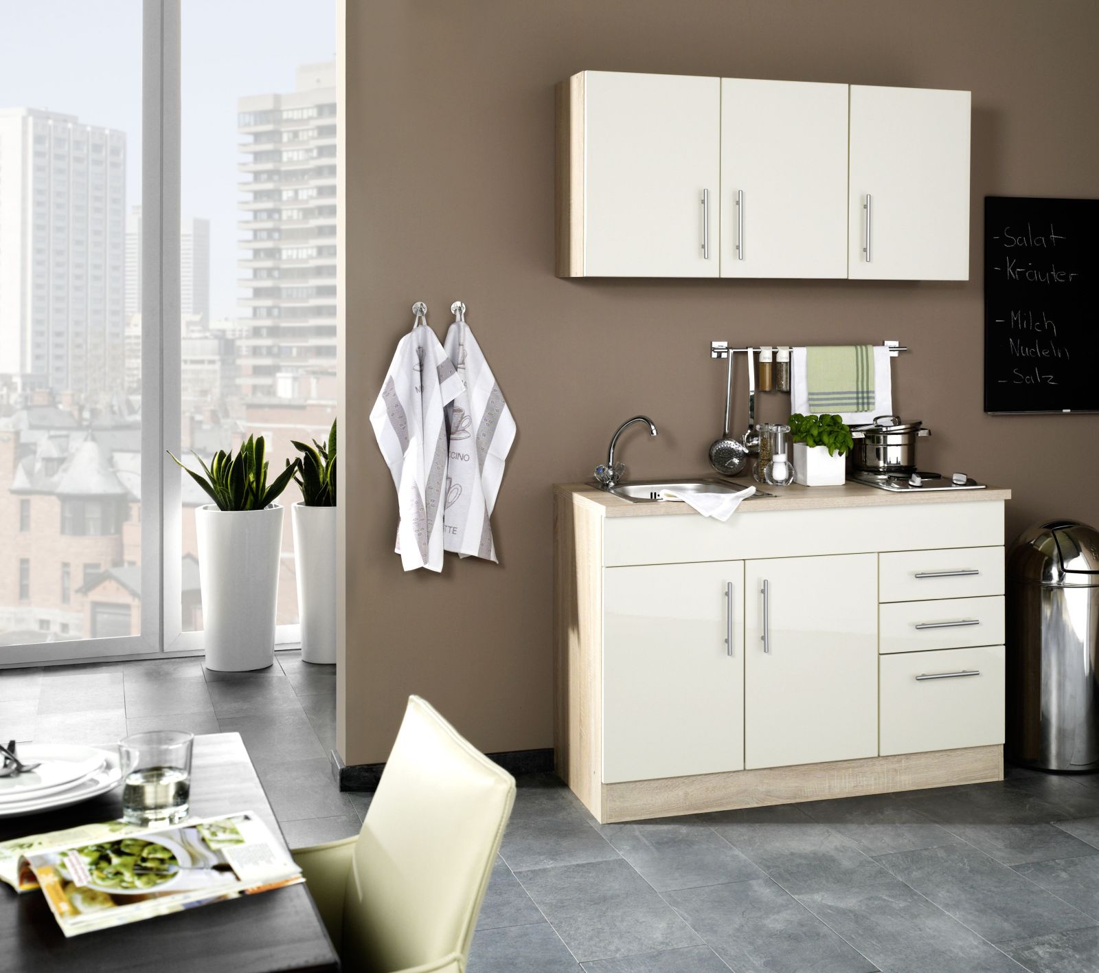 Single-Küche TORONTO - creme Hochglanz - mit Kochfeld - 120 cm