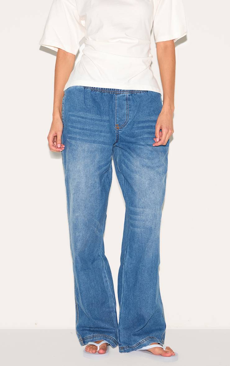 Mid Blue Wash Jean Jambe Large À Taille Élastiquée